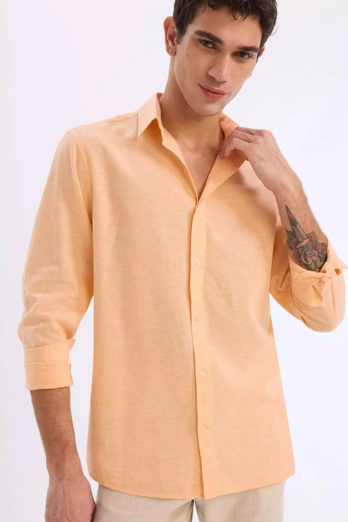 Regular Fit Polo Collar Linen Blended Summer Long Sleeve Shirt E0555Ax25Sm