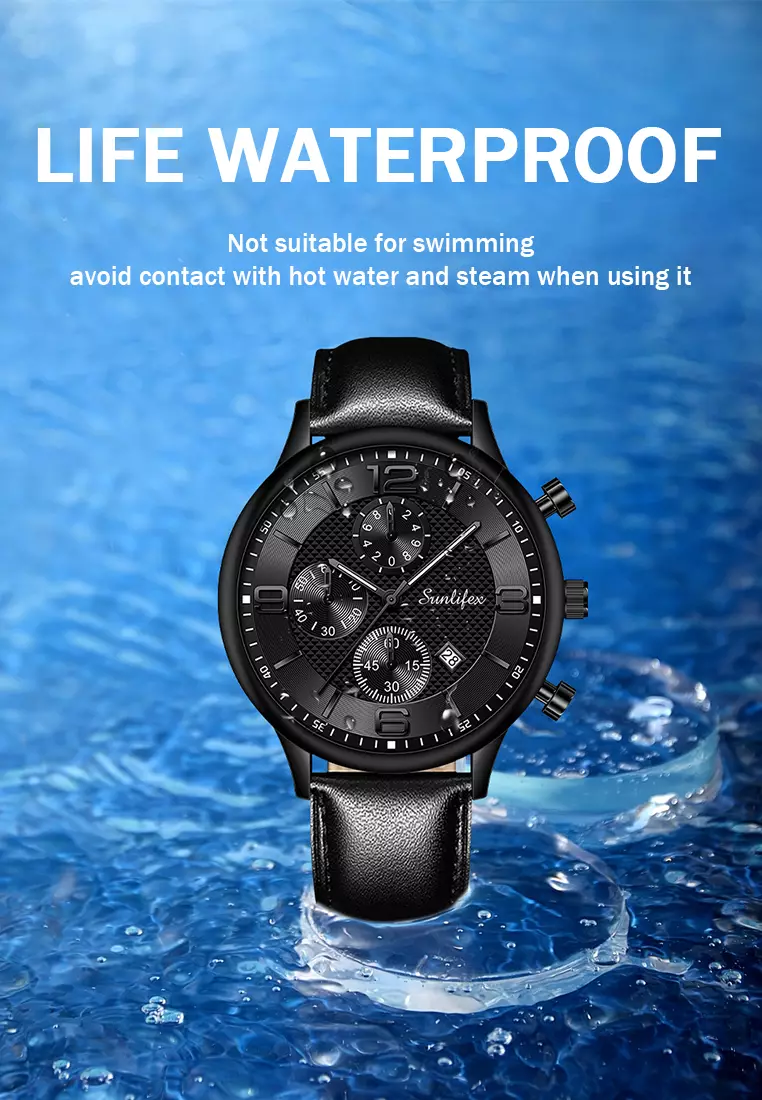 Jam Tangan Pria Kalender Kuarsa Bisnis Klasik Anti Air Tali Kulit Jam Tangan Cowok black