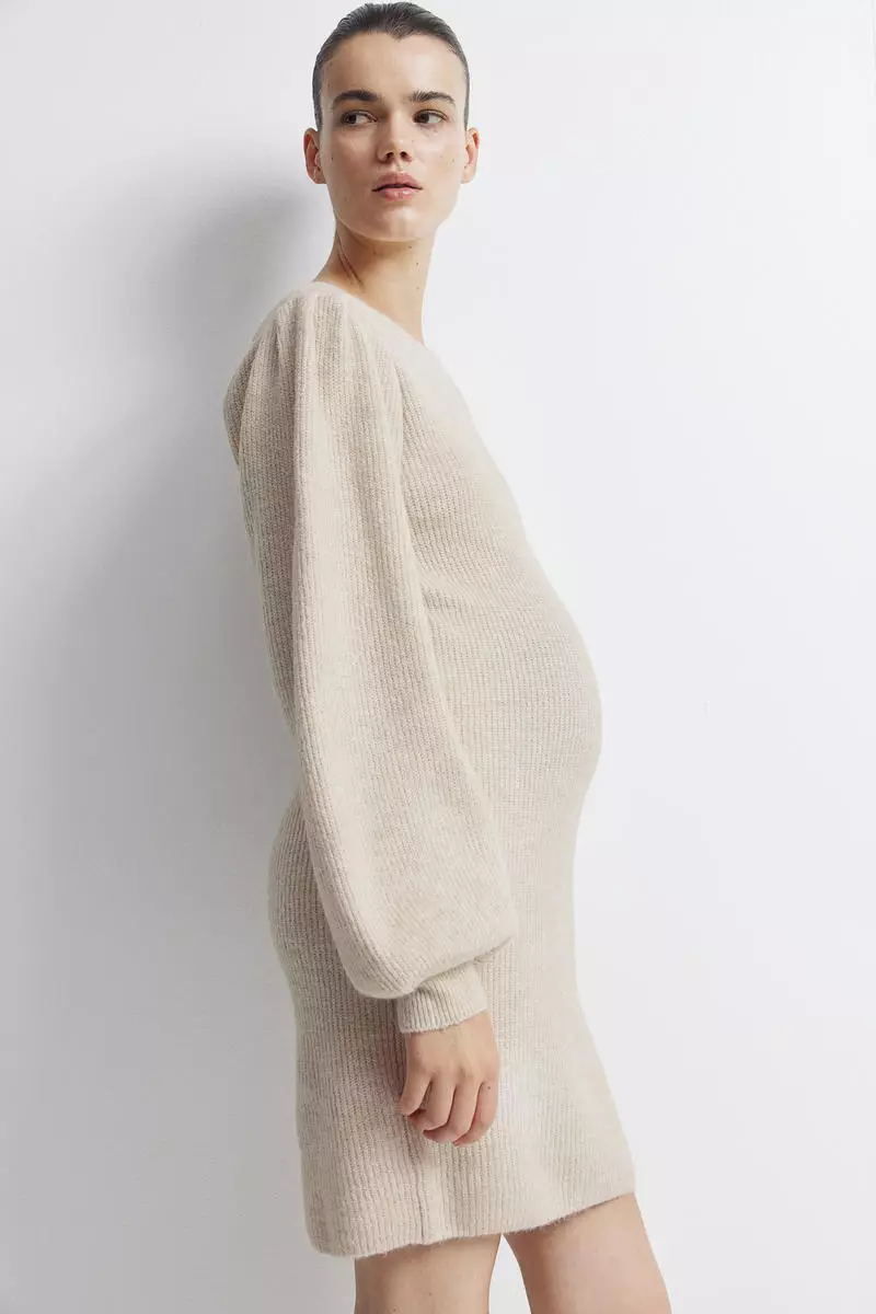 MAMA Balloon-sleeved rib-knit dress