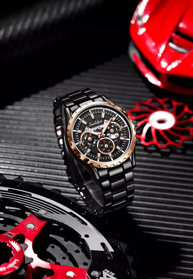 Jam Tangan Pria 8081 Kuarsa Hollow Design Kalender Tali Stainless Steel Jam Tangan Cowok blackgold