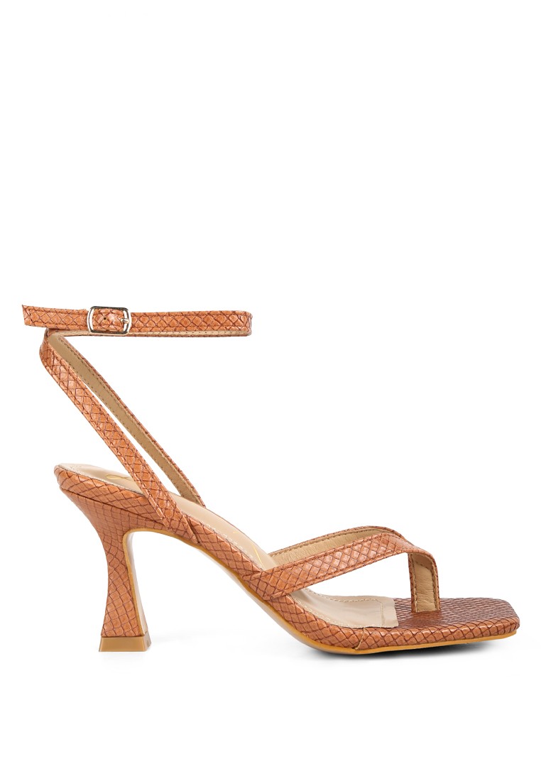Tan Ankle Strap Spool Heel Thong Sandals