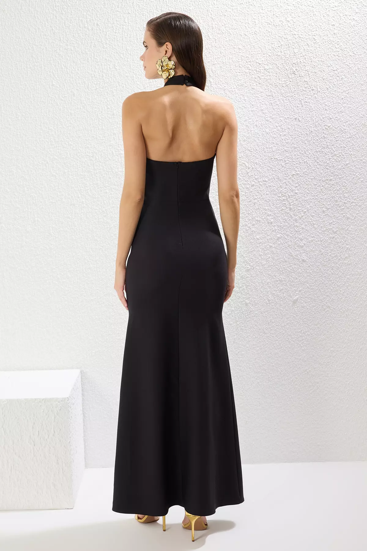 Black Fish Cut Woven Maxi Chic Evening Dress