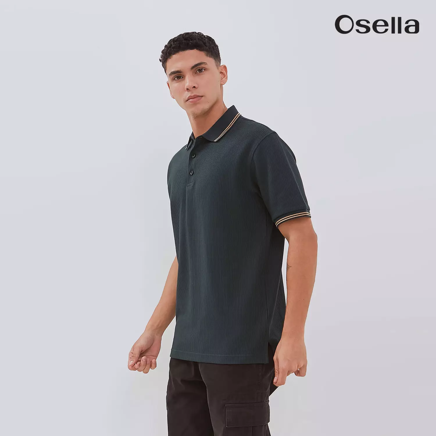Osella Carlos Vertical Rib Textured Polo Shirt 2021501473 | Atasan Kaos Polo lengan Pendek Pria