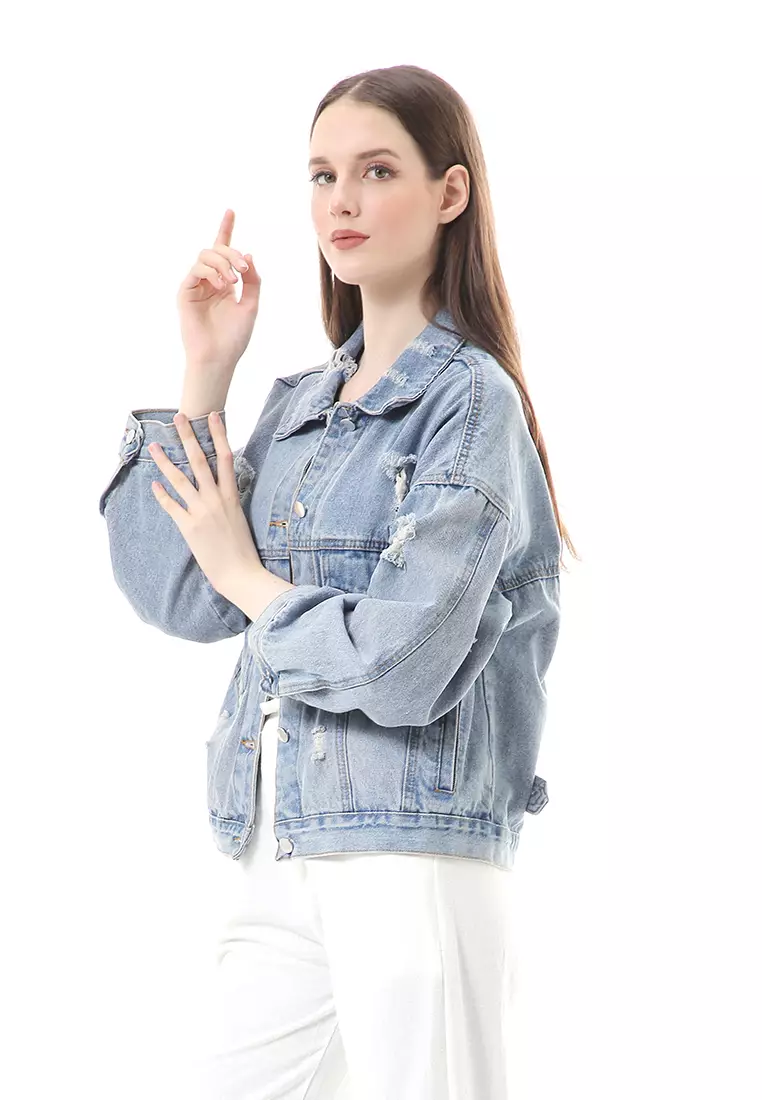 Clara Jaket Jeans Atasan Wanita Oversize Motif Polos High Quality - Blue