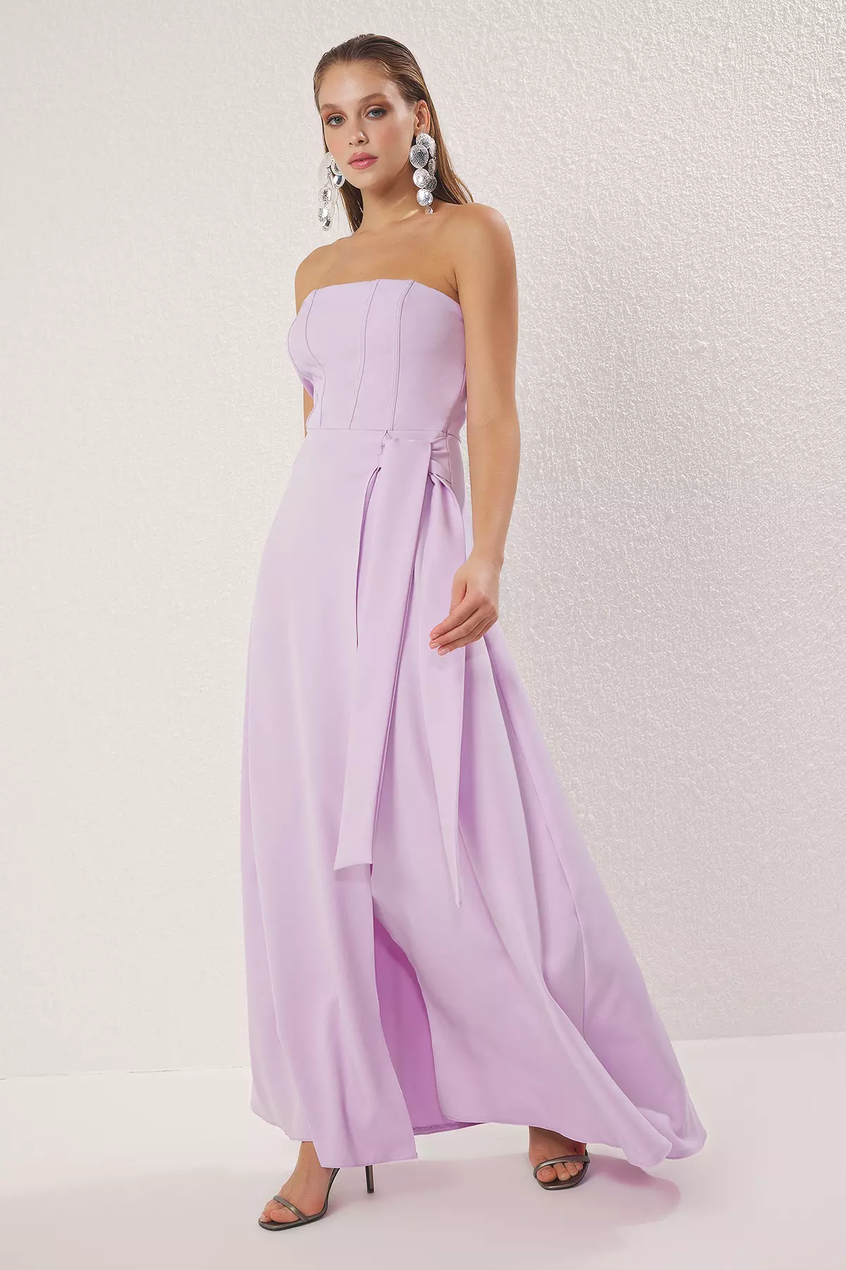 Lilac Strapless Back Detailed Woven Long Elegant Evening Night Graduation Dress TPRSS25AE00082