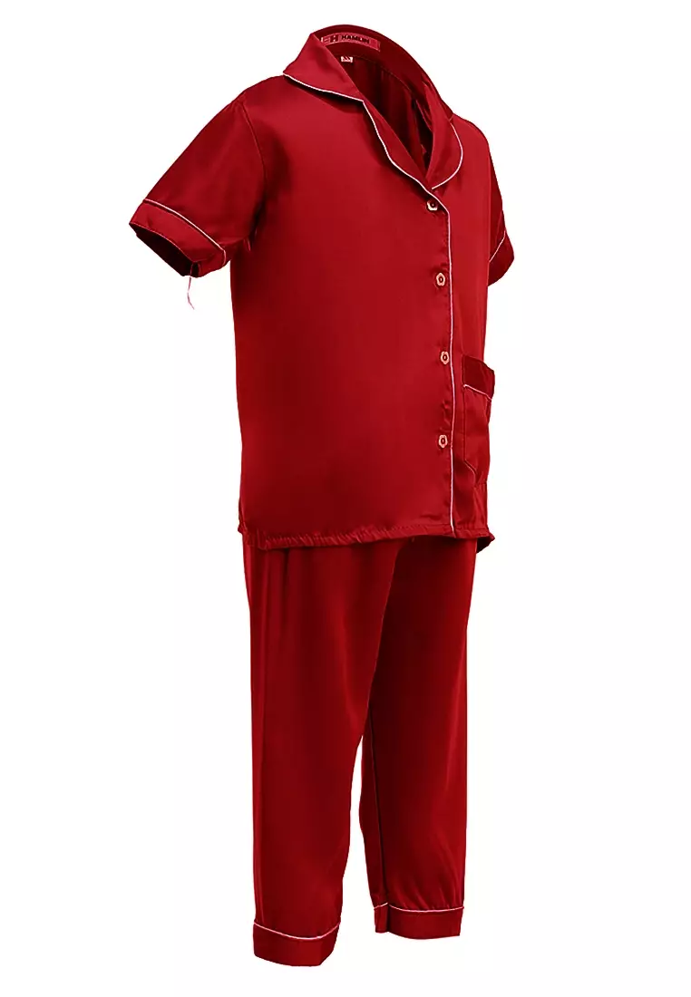 Joyce Piyama Anak Unisex Lengan Pendek Kids Pajamas Motif Polos Material Satin ORIGINAL - Maroon