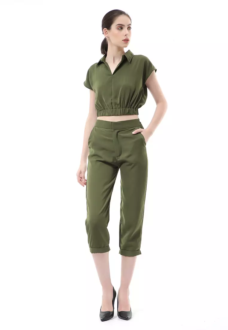 Nayra One Set Setelan Atasan Crop Karet Lengan Pendek Basic Pants Wanita Material Dolce ORIGINAL - Army