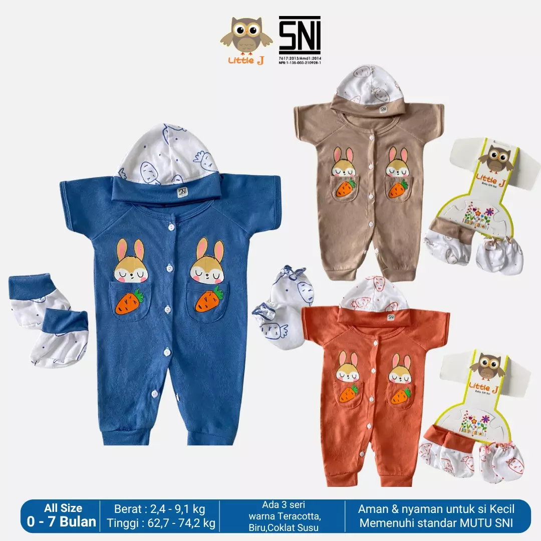 Little J - Bunny Carrot Dusty Blue Jumpsuit -Romper Set Baby 4 in 1 Bayi Laki laki Bayi Perempuan ( Sarung tangan,Sarung Kaki,Topi,Baju)