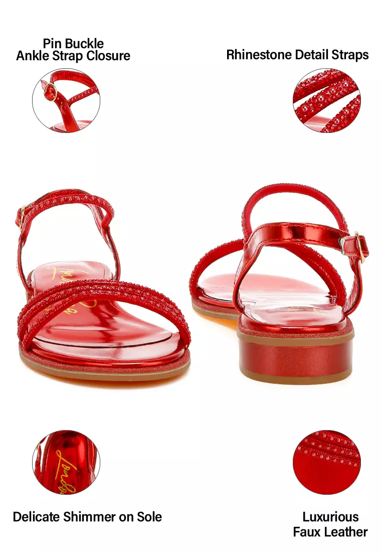 Rhinestone Pearl Detail Flat Sandals in Red