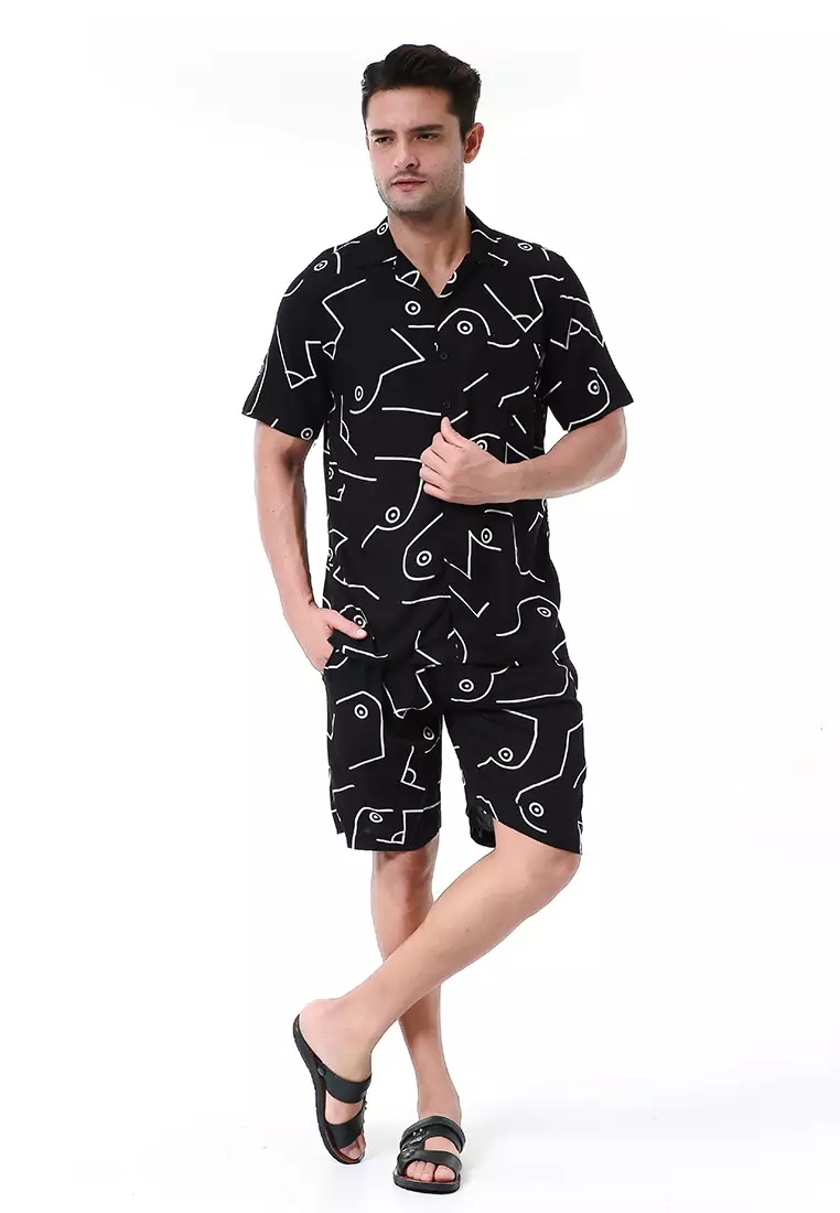 Deon Piyama Pria Kemeja One Set Lengan Pendek Morabita Motive Material Rayon ORIGINAL - Black