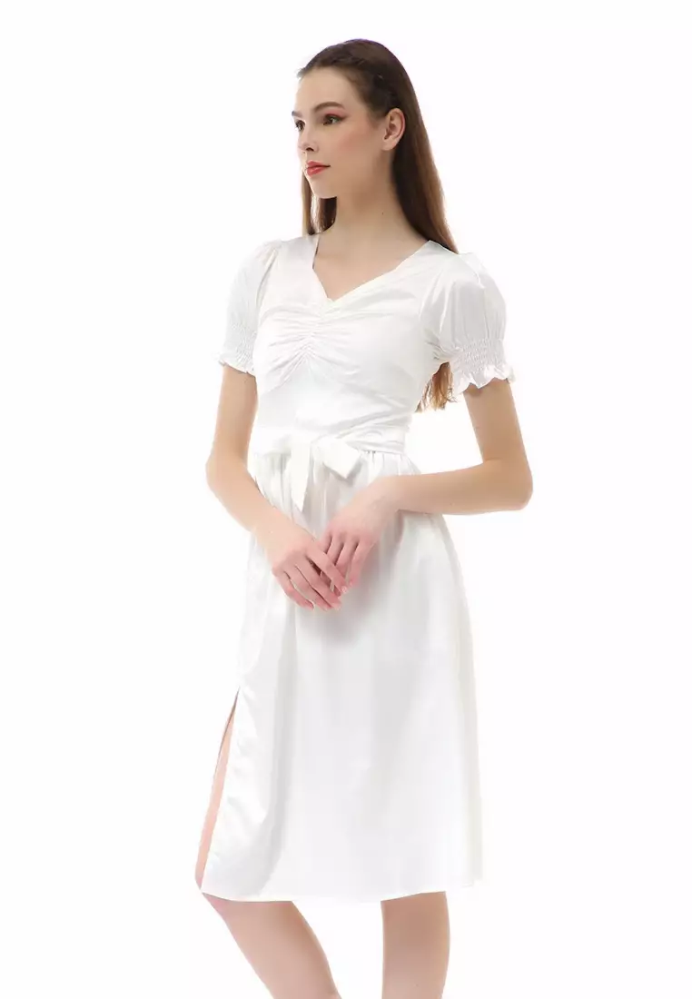 Rachel Dress Wanita Model Belah Samping Lengan Kerut Material Satin ORIGINAL - White