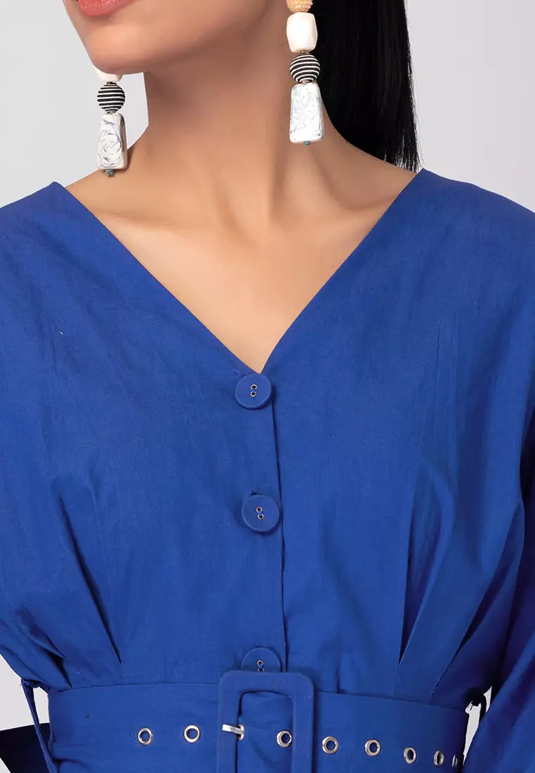 Dark Blue Poplin Dress With Self Fabric Buckle Belt