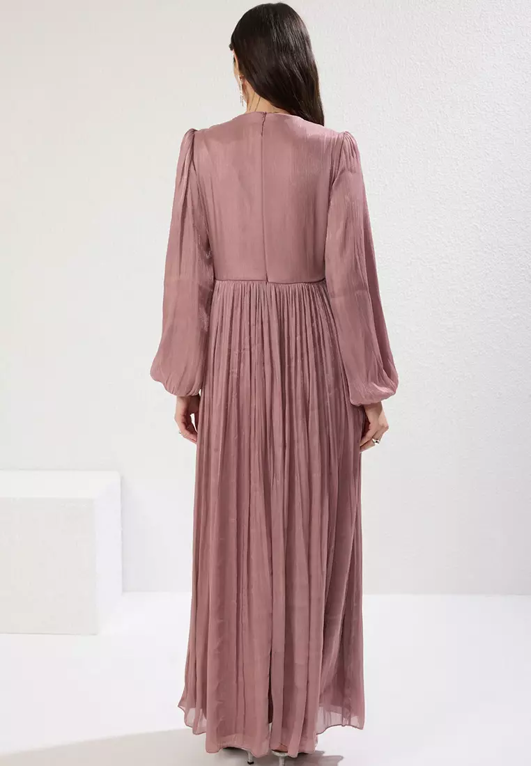 Powder Belt Detail Glittery Lined Chiffon Evening Dress TCTAW25DB00012