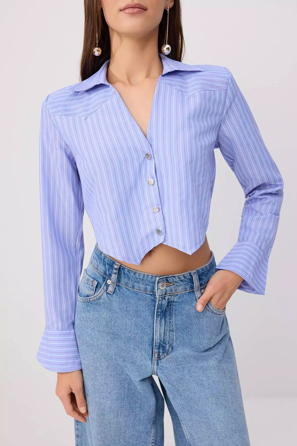 Blue-Multicolor Striped Mini Plaid Fitted Crop Shirt Twoss26Go00150