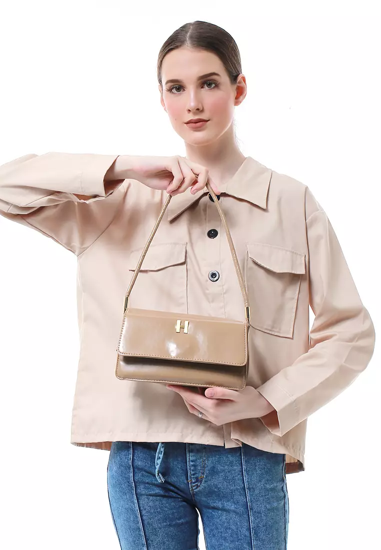 Eilaria Tas Selempang Wanita Shoulder Bag Desain Simple Material Leather ORIGINAL - Brown