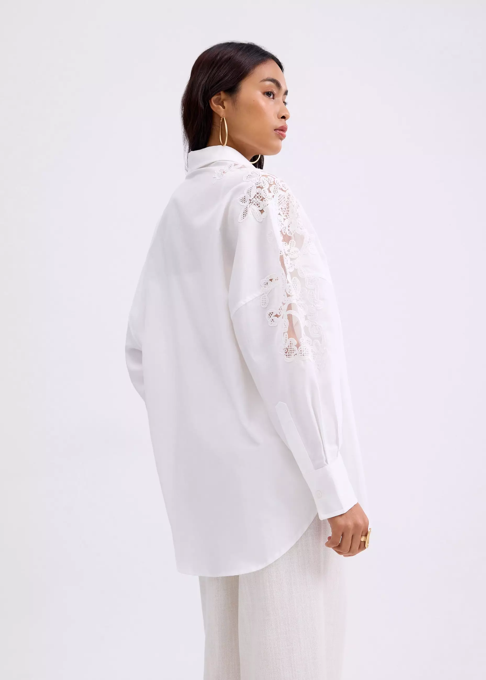 Atasan Wanita - Oversized Lace Patchwork Button-Down Collared Shirt