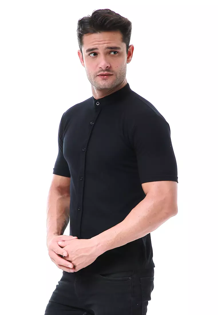Leopold Atasan Pria Kemeja Kasual Slim Fit Lengan Pendek Motif Polos Material Cotton ORIGINAL - Black