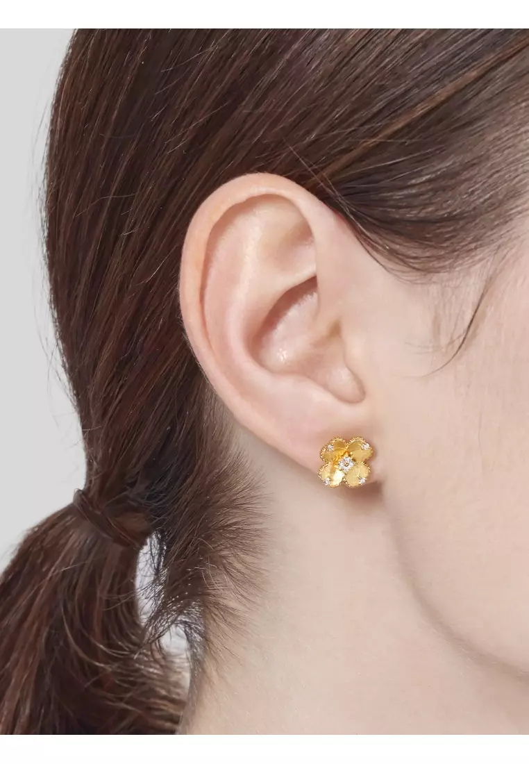 999.9 24K Gold 'Gold Rhyme' Floral Diamond Gold Earrings for Women 95101E