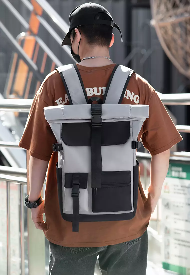 Men's Plain Capacious Wear-resistant Oxford Cloth Buckle Backpack - Light Grey
