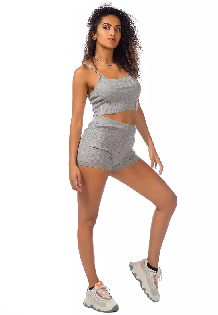 Rib Knit Spaghetti Crop Top in Heather Grey