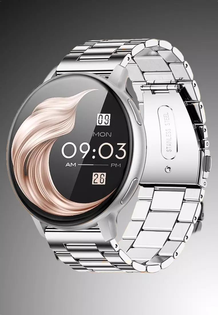 Unisex Round Smart Watch - 1.39 inch Large HD Screen - Stainless Steel Bracelet + 1 Free Rubber Strap - Silver Color