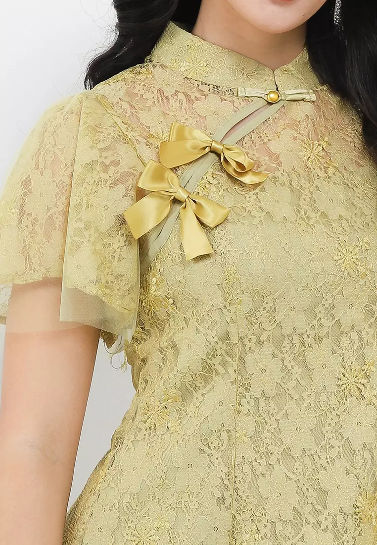 Ruffle Sleeve Mesh Detail Lace Shanghai Dress