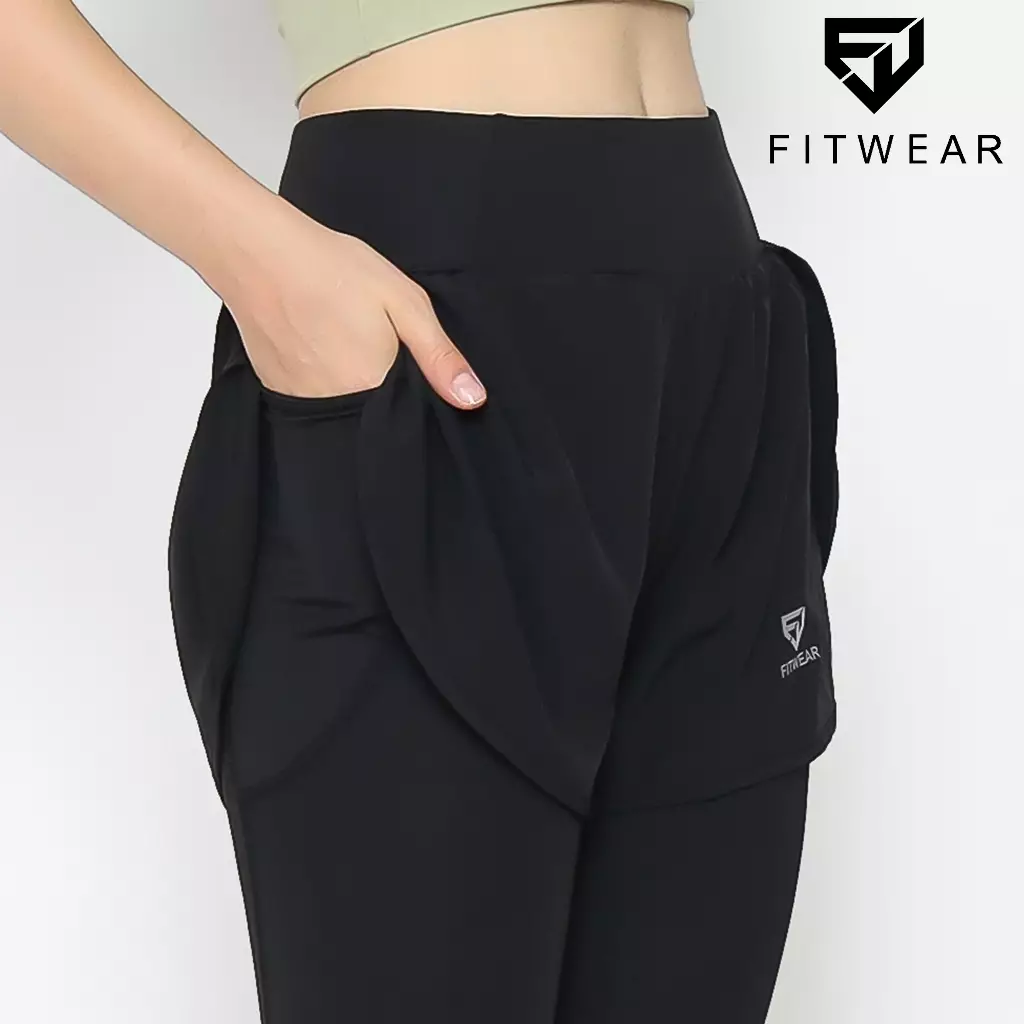 Fitwear - Celana Lari + Inner Legging Olahraga Wanita KATE LAYERED - BLACK
