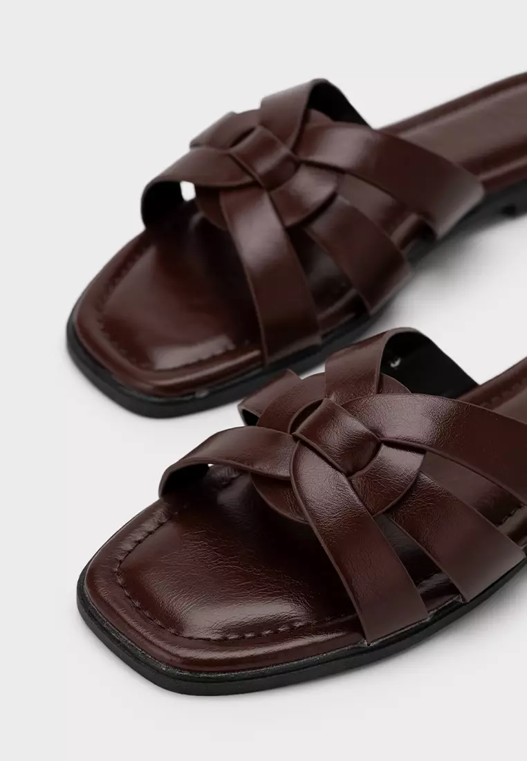 编织带方头平底拖鞋