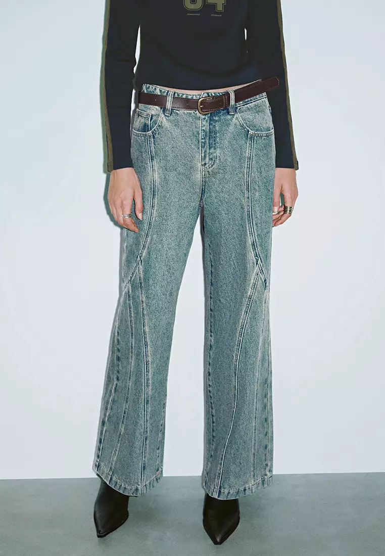 UR春季新款女装复古解构设计感腰带牛仔长裤UYV850002