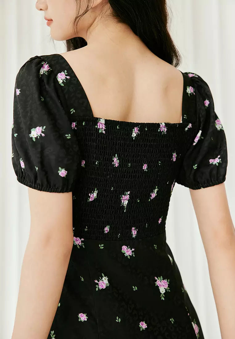 Puff Sleeve Square Neck A-Line Floral Midi Dress