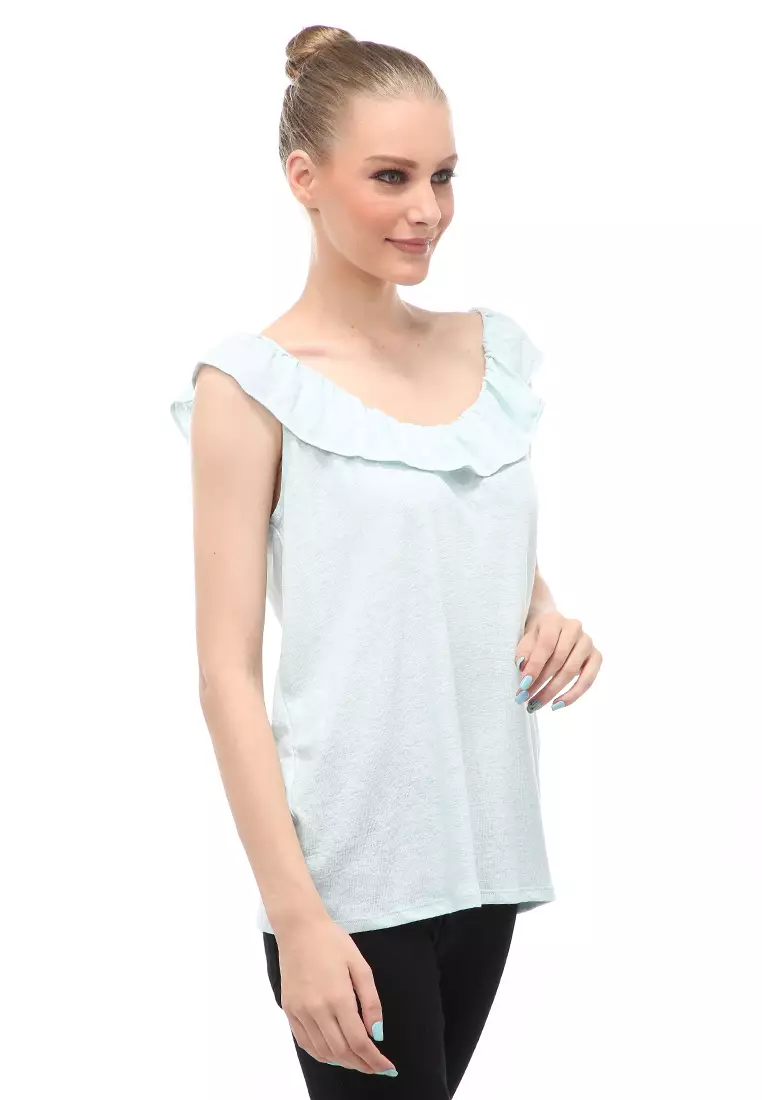 Baju Atasan Ruffled Linen Blend Jersey Wanita Relaxed Fit - Light Tosca