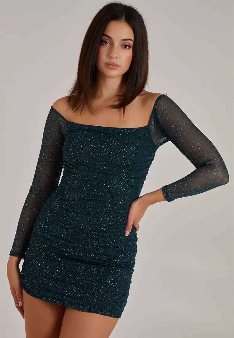 Pink Vanilla Bottle Green  Glitter Mesh Off The Shoulder Mini Dress