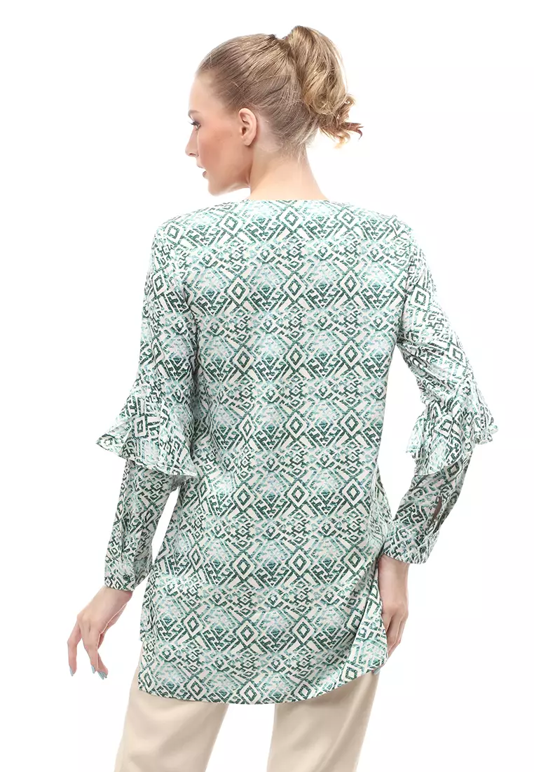 Blouse Motif Batik Lengan Ruffle Design Casual Atasan Wanita - Green