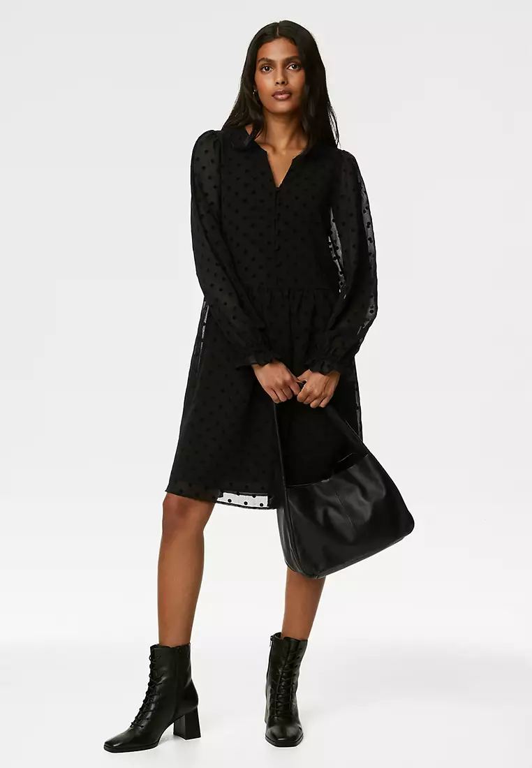 Chiffon Spot Flock Knee Length Tiered Dress