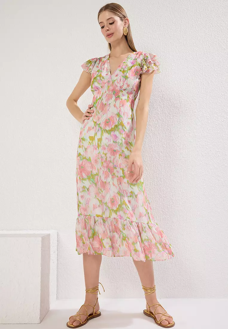 Multicolored Floral Patterned A-Line Ruffle Midi Woven Dress