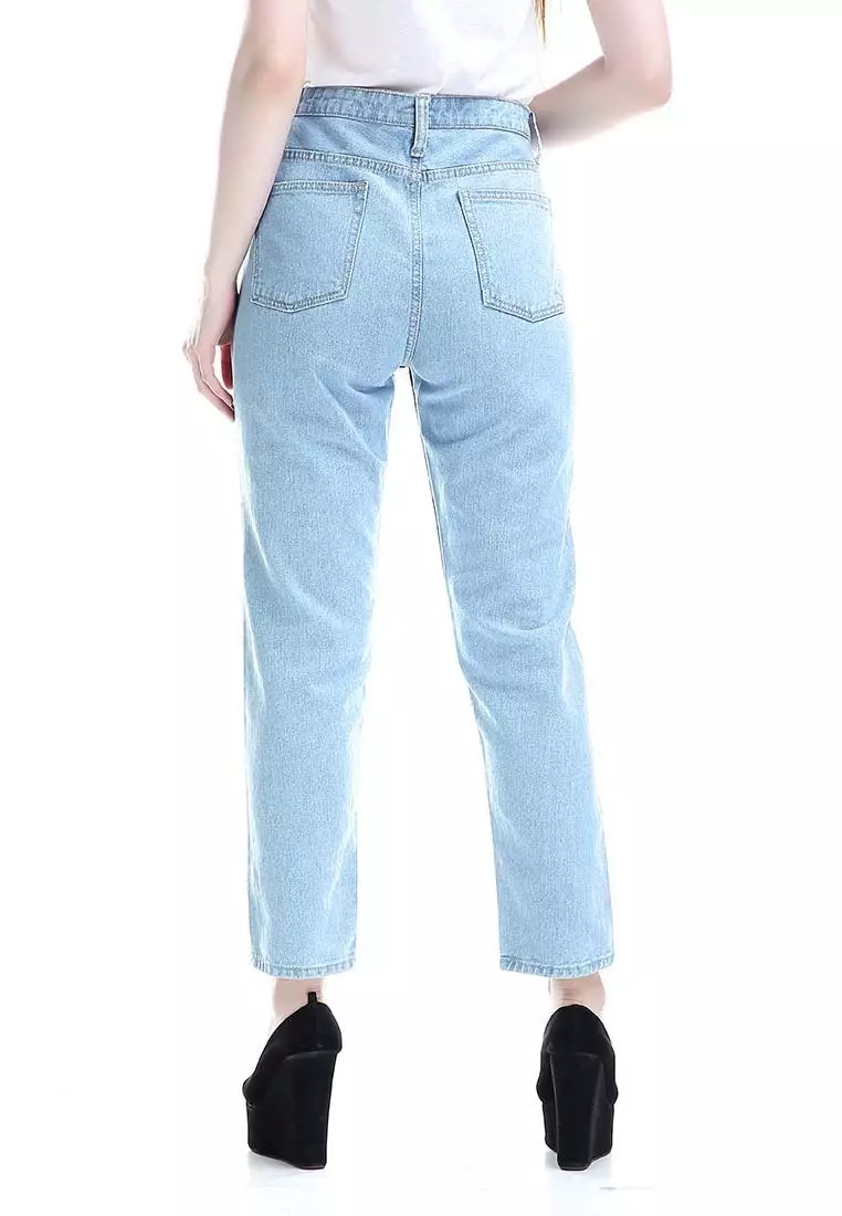 Marilyn Jeans Wanita High Waist Boyfriend Woman Design Simple - Biru Muda
