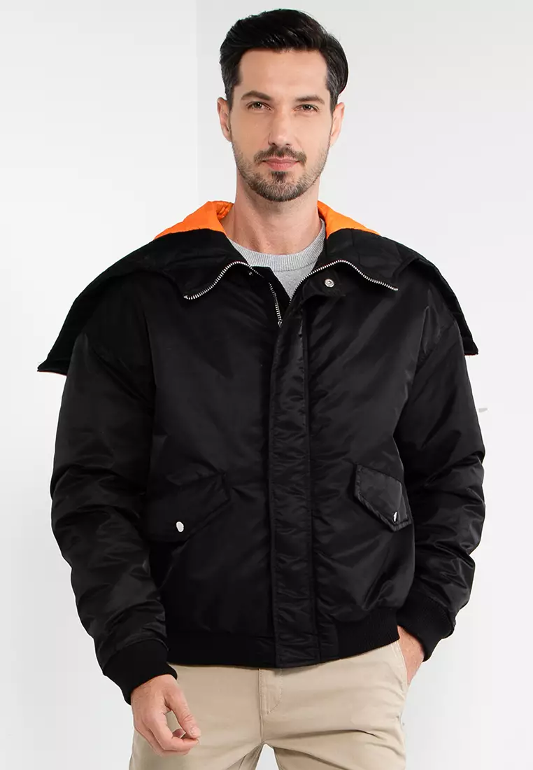 Men's black oversized bomber jacket clearance