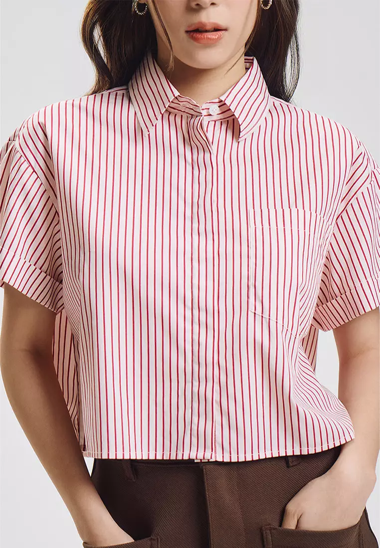 Stripes Cropped Short Sleeves Button Down Top
