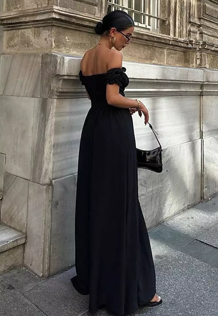 Black A-Line Carmen Neck Corset Look Elegant Evening Night Graduation Dress TPRSS25AE00133