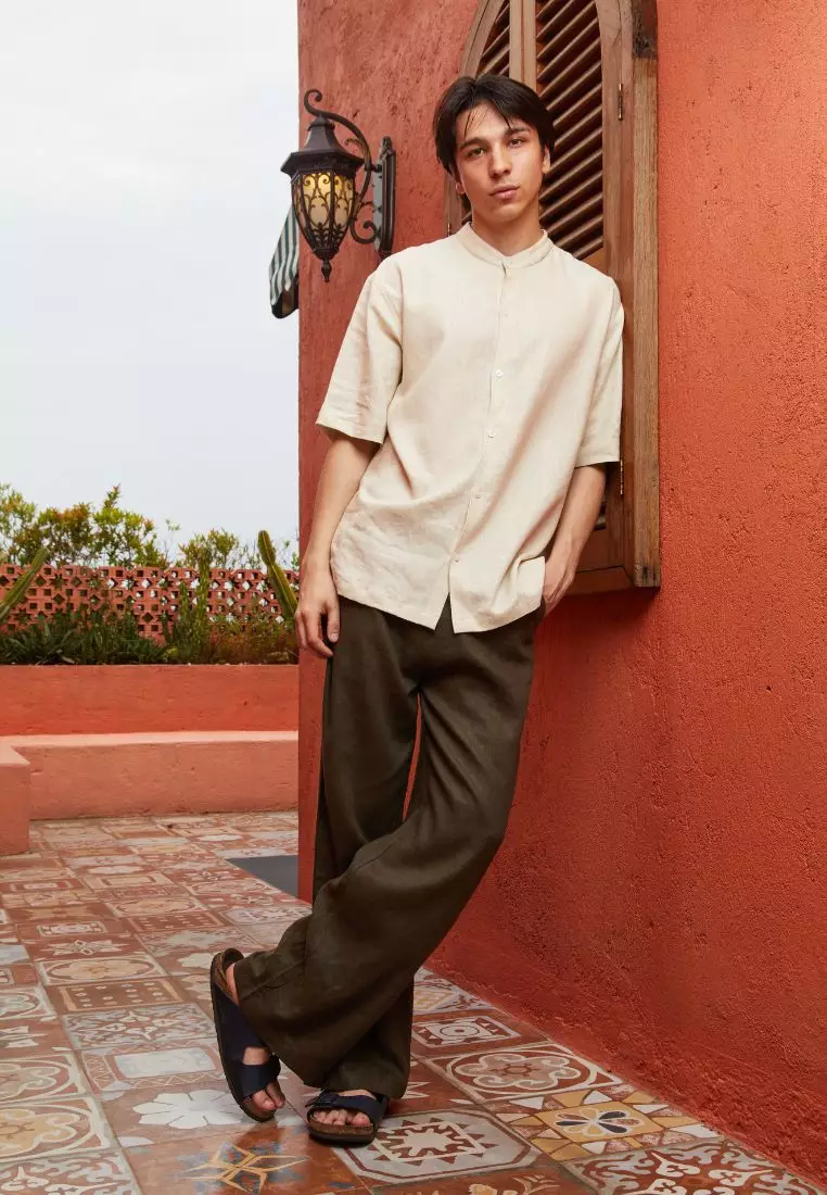 Jumeirah Kemeja Linen Muslim Pria Lengan Pendek Warna Cream | Men's Cream Short Sleeve Linen Shirt