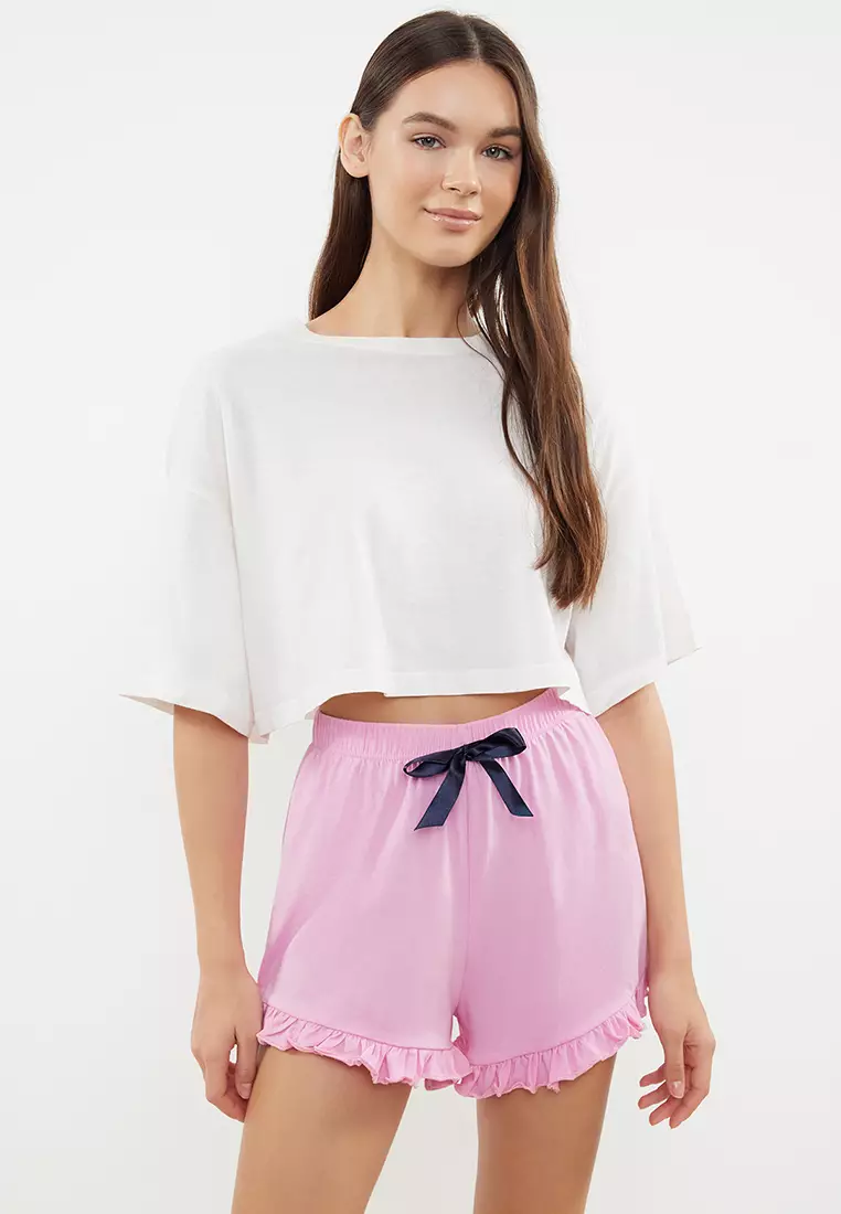 Pink-Burgundy 2-Pack Cotton Frilly Knitted Pajama Bottoms With Ribbon/Bow Detail