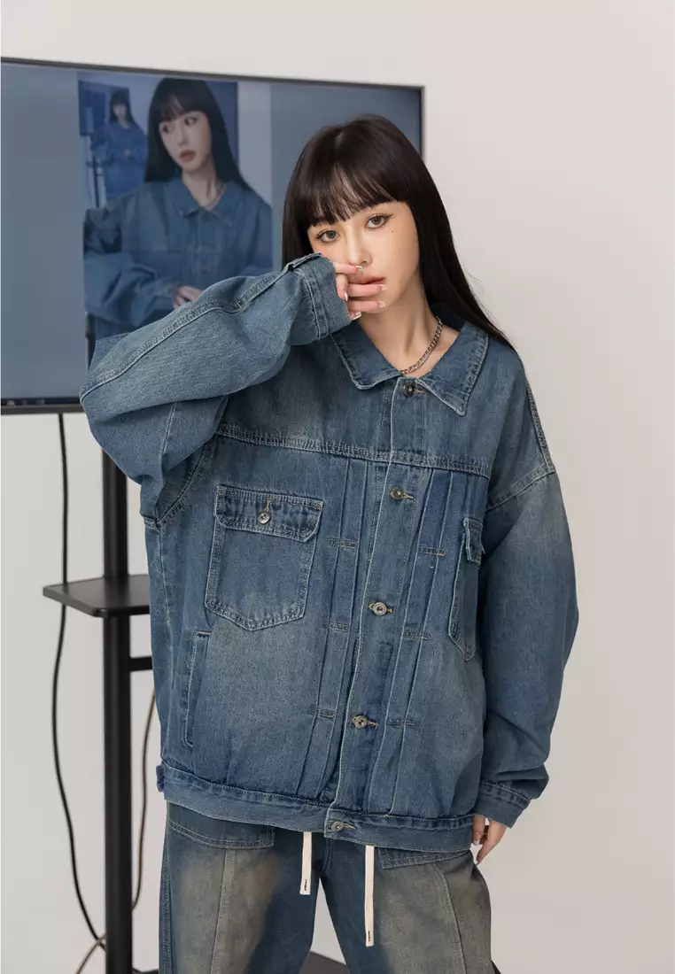 Oversized Washed Pleated Denim Jacket