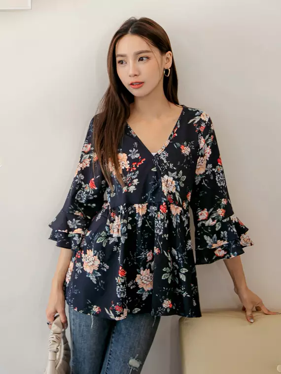 Buy OBSTYLE V-neck floral print ruffle waistband slim-fit chiffon