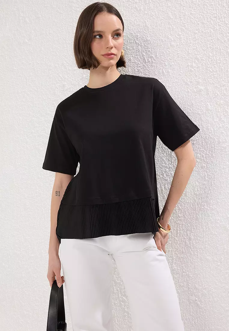 Black Oversize/Wide Pattern Pleated Detailed Knitted Blouse TWOSS25BZ00466