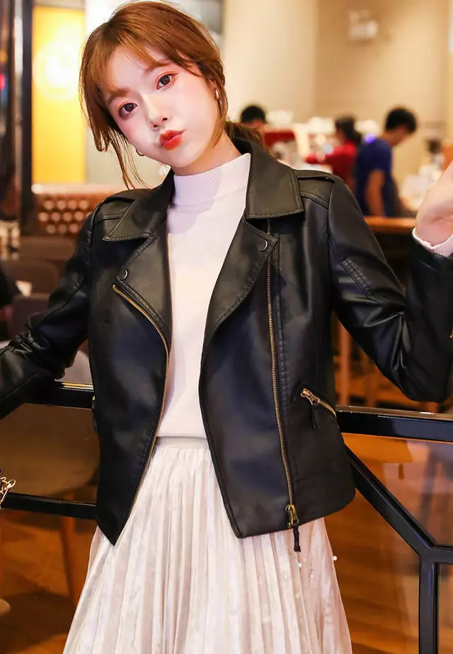 Black Notched Collar PU Jacket A120209
