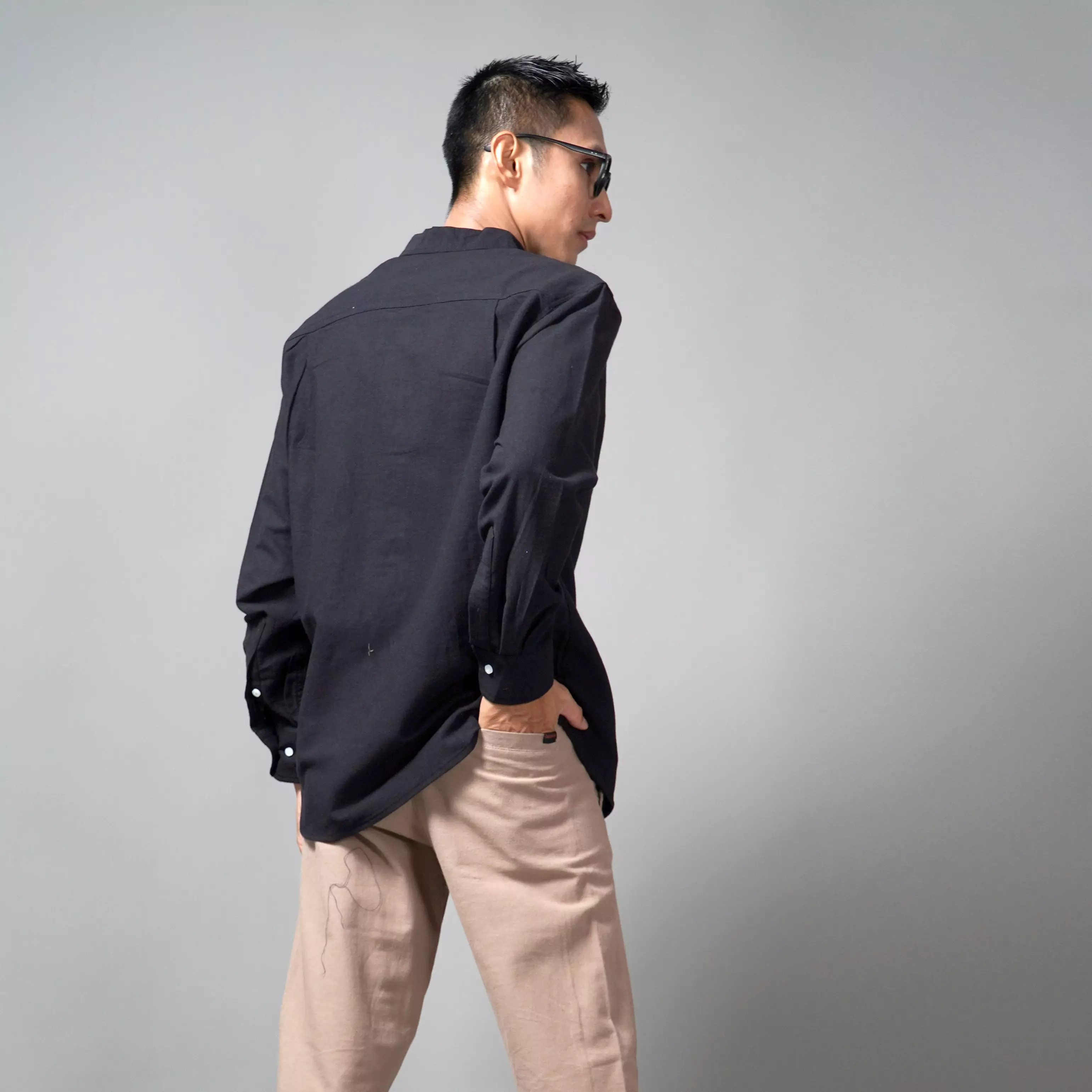 ASHRAF Kemeja Pria Casual Linen Baju Koko Kemeja Lengan Panjang - Hitam