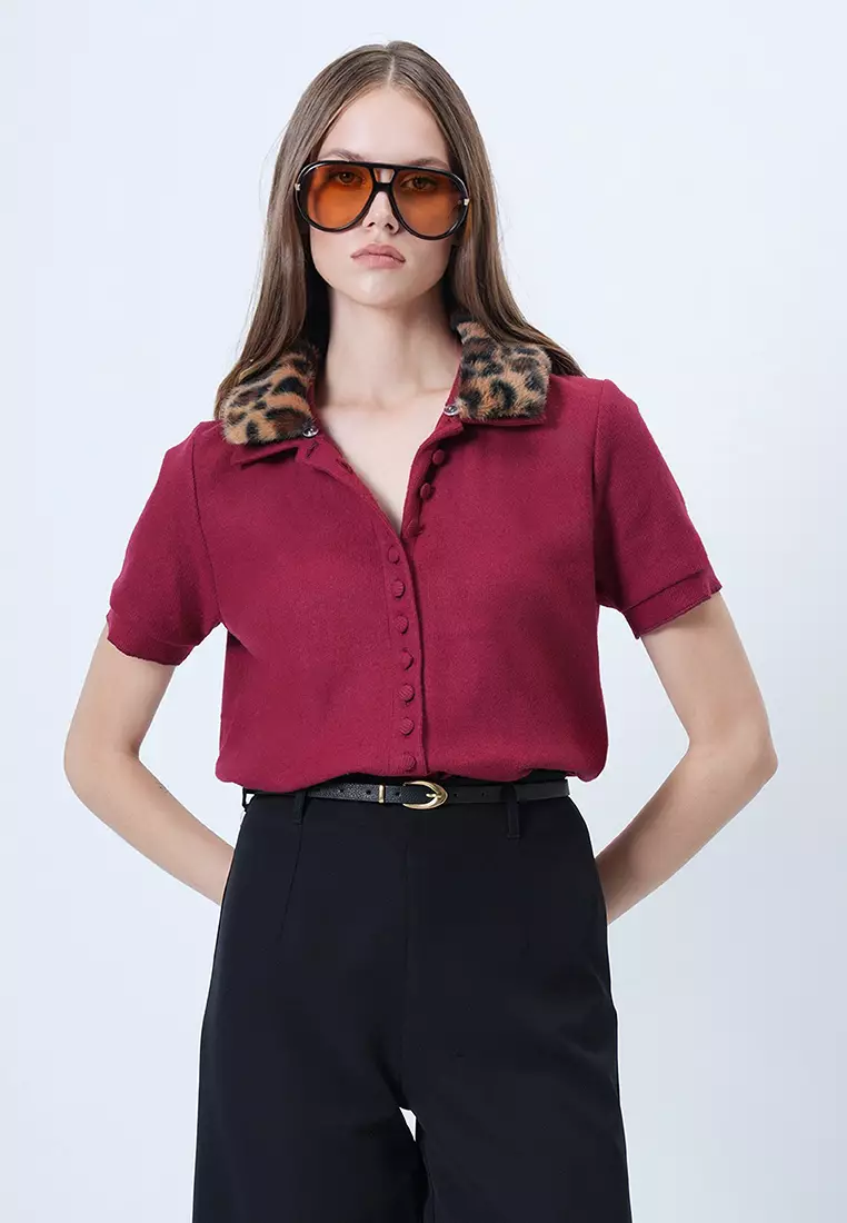 Leopard Detachable Fur Detailed Knitted Blouse