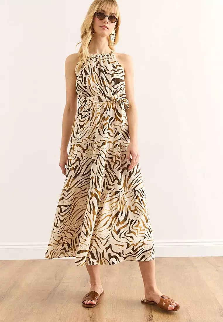 Halter Neck Belted Woven Viscose Dress