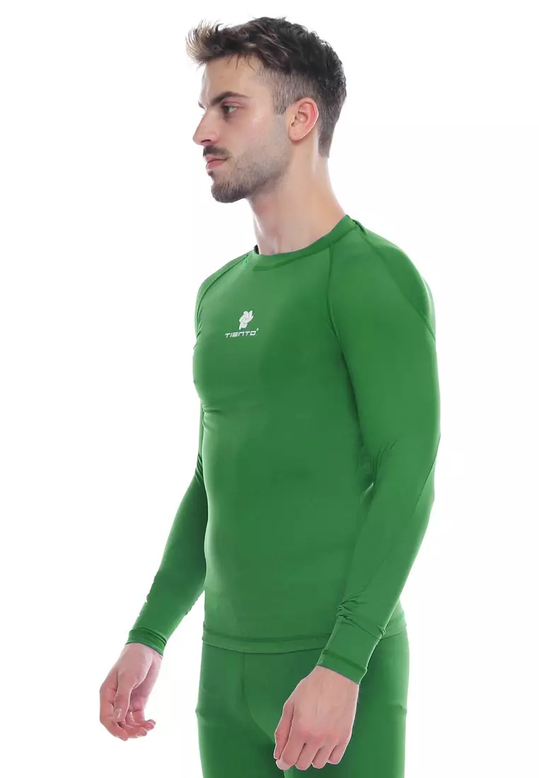Tiento Man Baselayer Baju Ketat Manset Olahraga Pria Long Sleeve Green Rashguard Sport Original