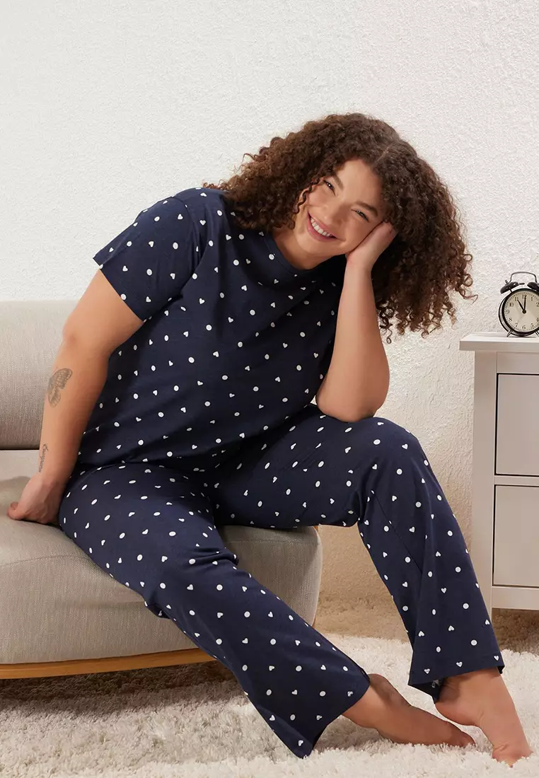 Navy Blue Heart Patterned Knitted Pajama Set TBBSS25AI00023